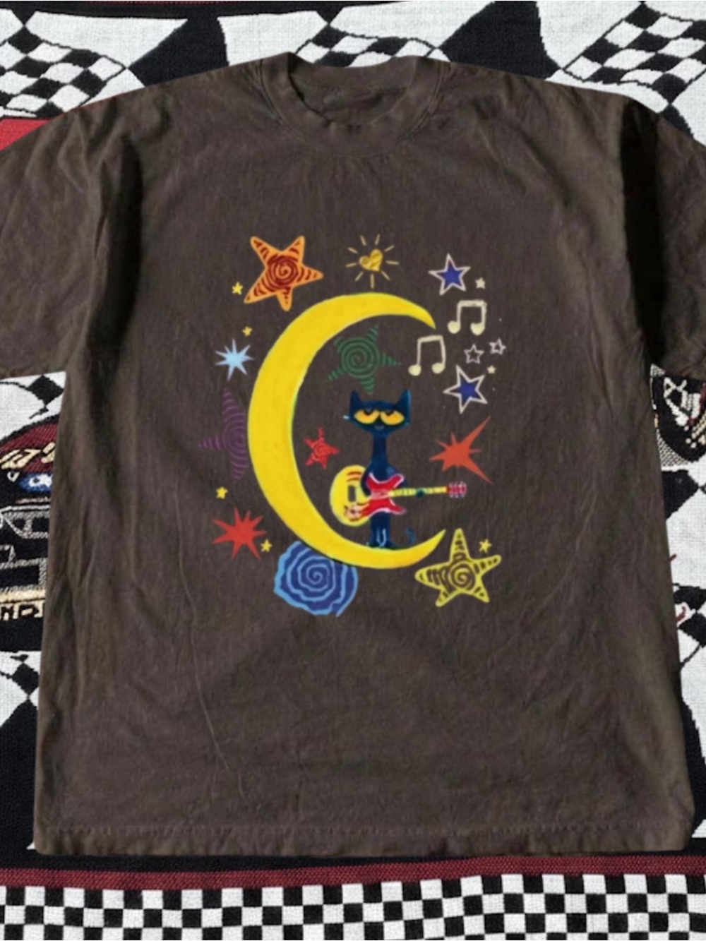 Gildan Brown Short-Sleeve Tee with Colorful Moon Cat Guitar Graphic